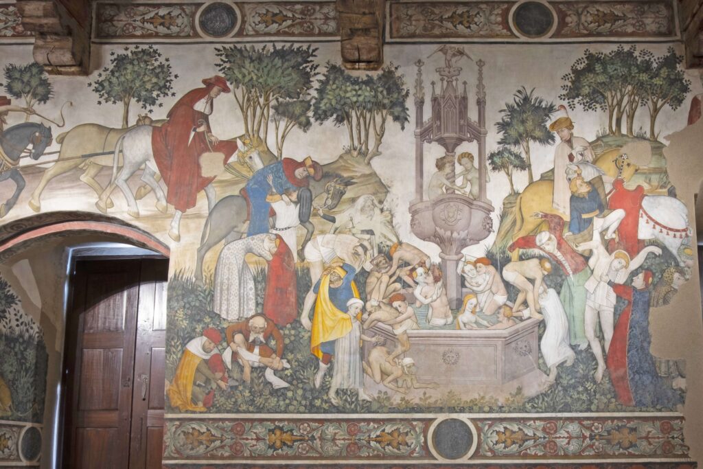 Affresco - Fontana della giovinezza, affresco del Maestro del Castello della Manta (secolo XV) nella sala baronale